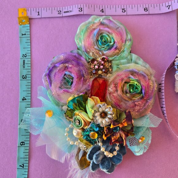 Handmade Pastel Rainbow Rose and Millinery Feather Crystal Hair Clip Romantic - Picture 8 of 10